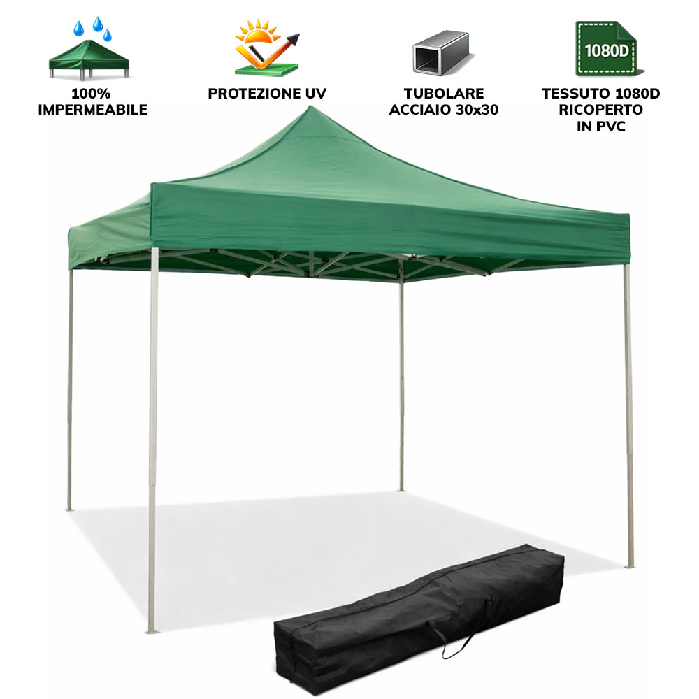 GAZEBO RICHIUDIBILE 3X3 VERDE ACCIAIO 1080D RIVESTITO PVC MARKET