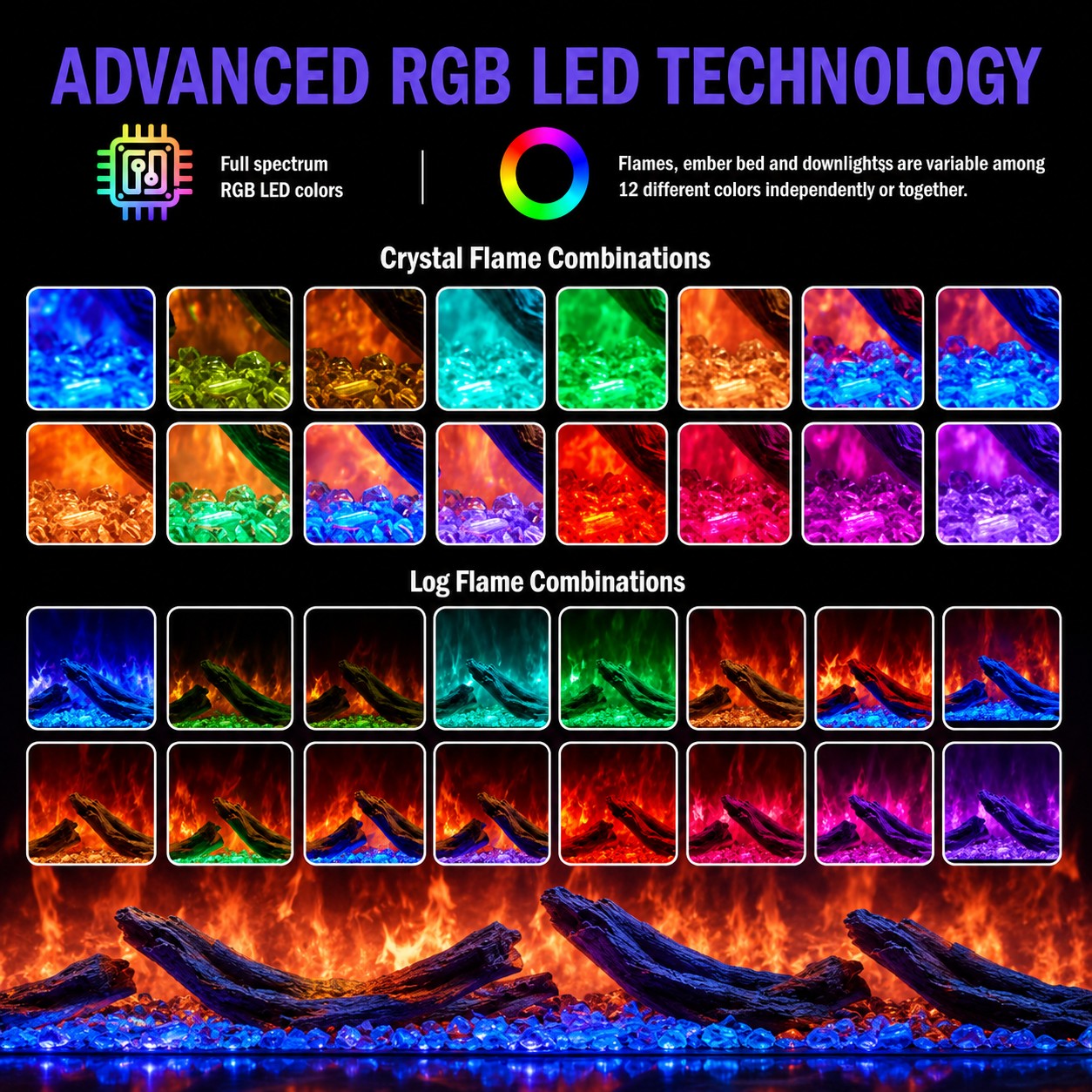 Camino elettrico da incasso a parete frontale L 150 LED RGB APP DETROIT150