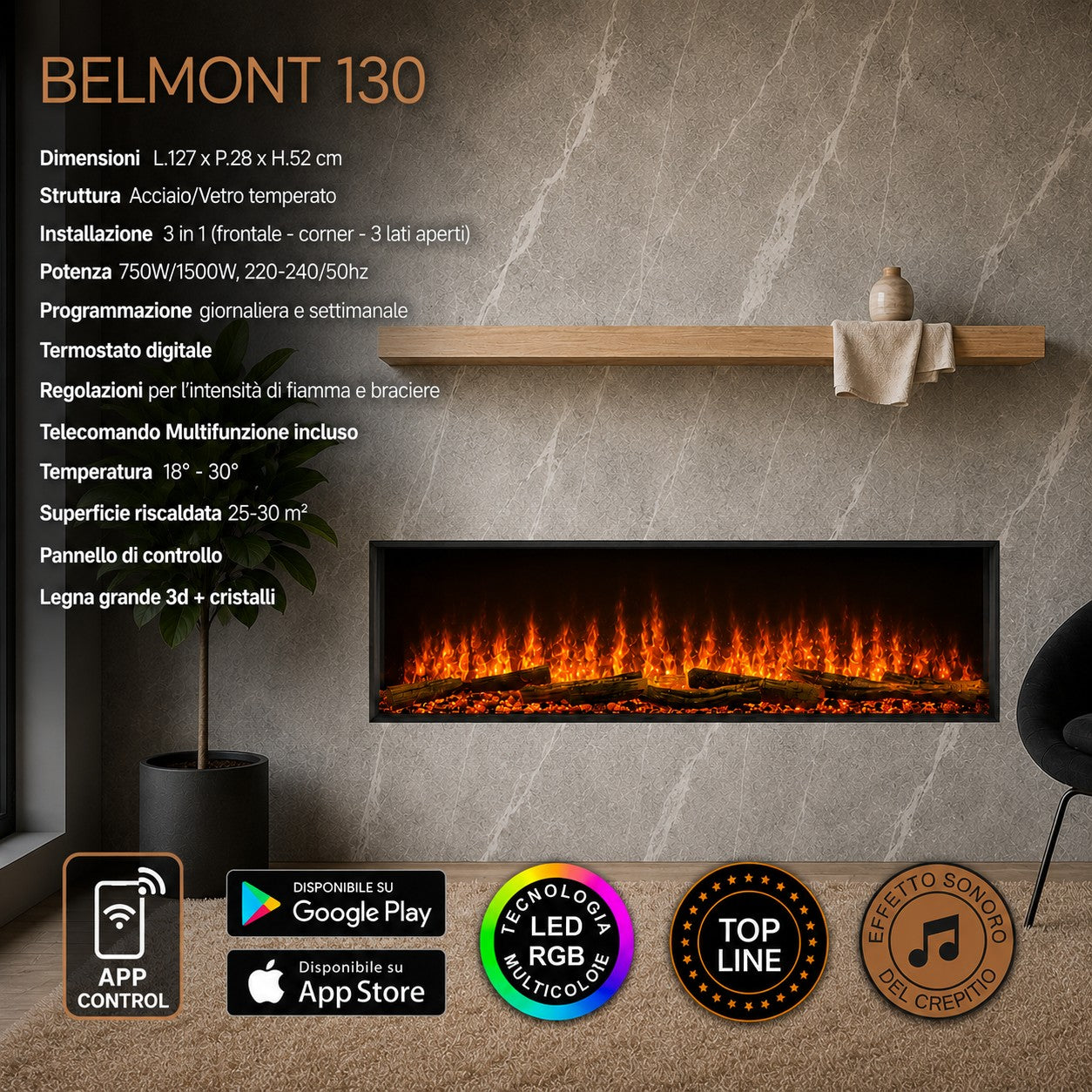 Camino elettrico da incasso a parete 3 lati L 130 LED RGB APP BELMONT130