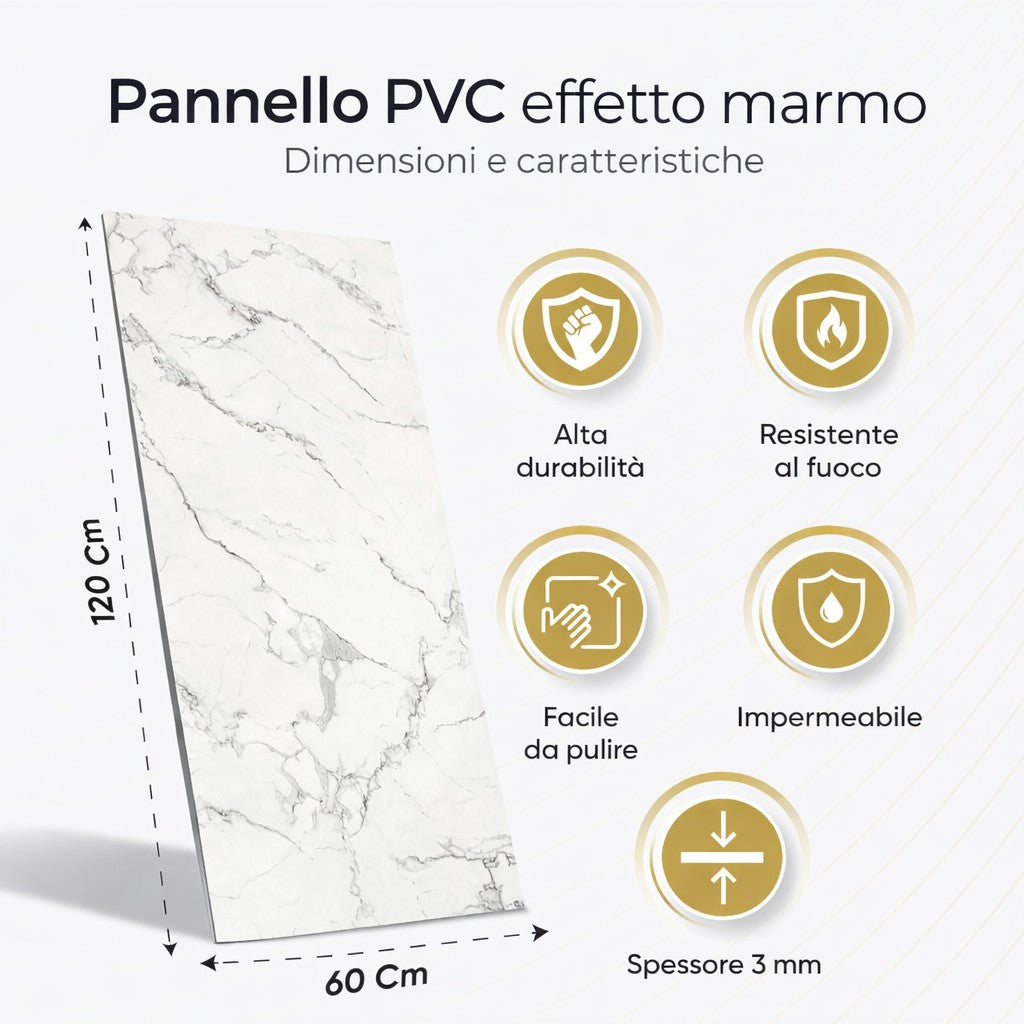 Pannello decorativo effetto marmo gres set 6 pz 4,3 mt2 rivestimento murale PVC in UV 120 x 60 Marmo Bianco Opaco