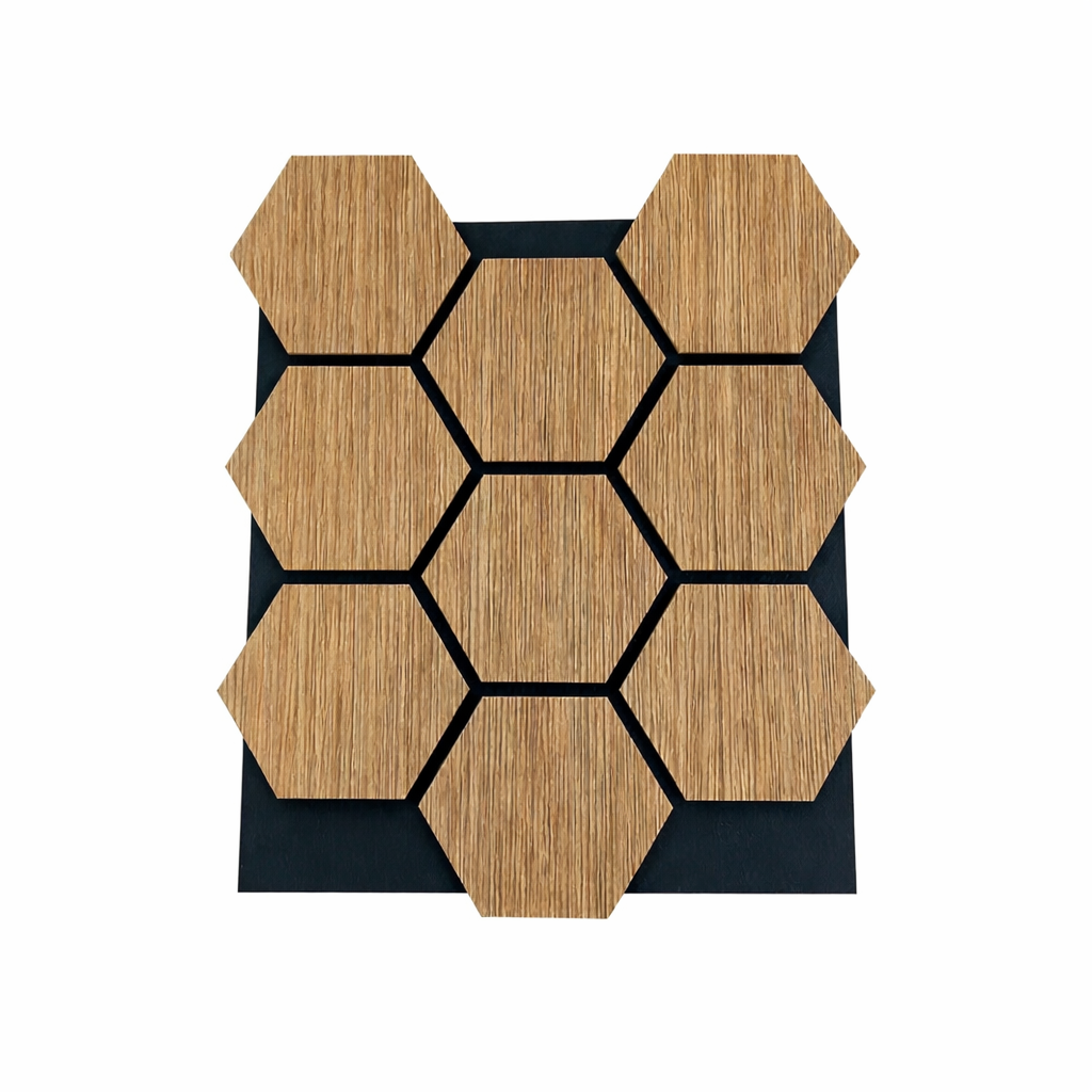 Pannello decorativo in legno MDF motivo esagonale e feltro PET Set 12 pz 62x76 Rivestimento murale fonoassorbente Rovere