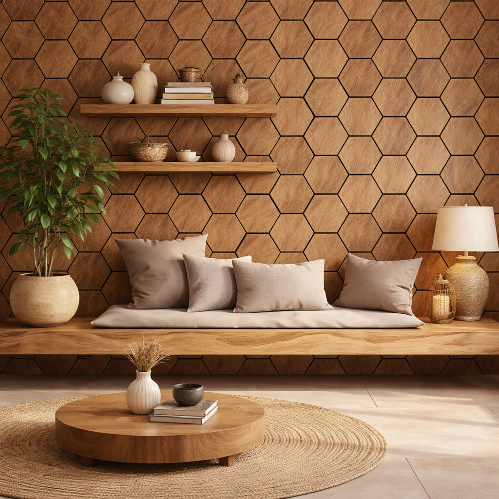 Pannello decorativo in legno MDF motivo esagonale e feltro PET Set 12 pz 62x76 Rivestimento murale fonoassorbente Rovere