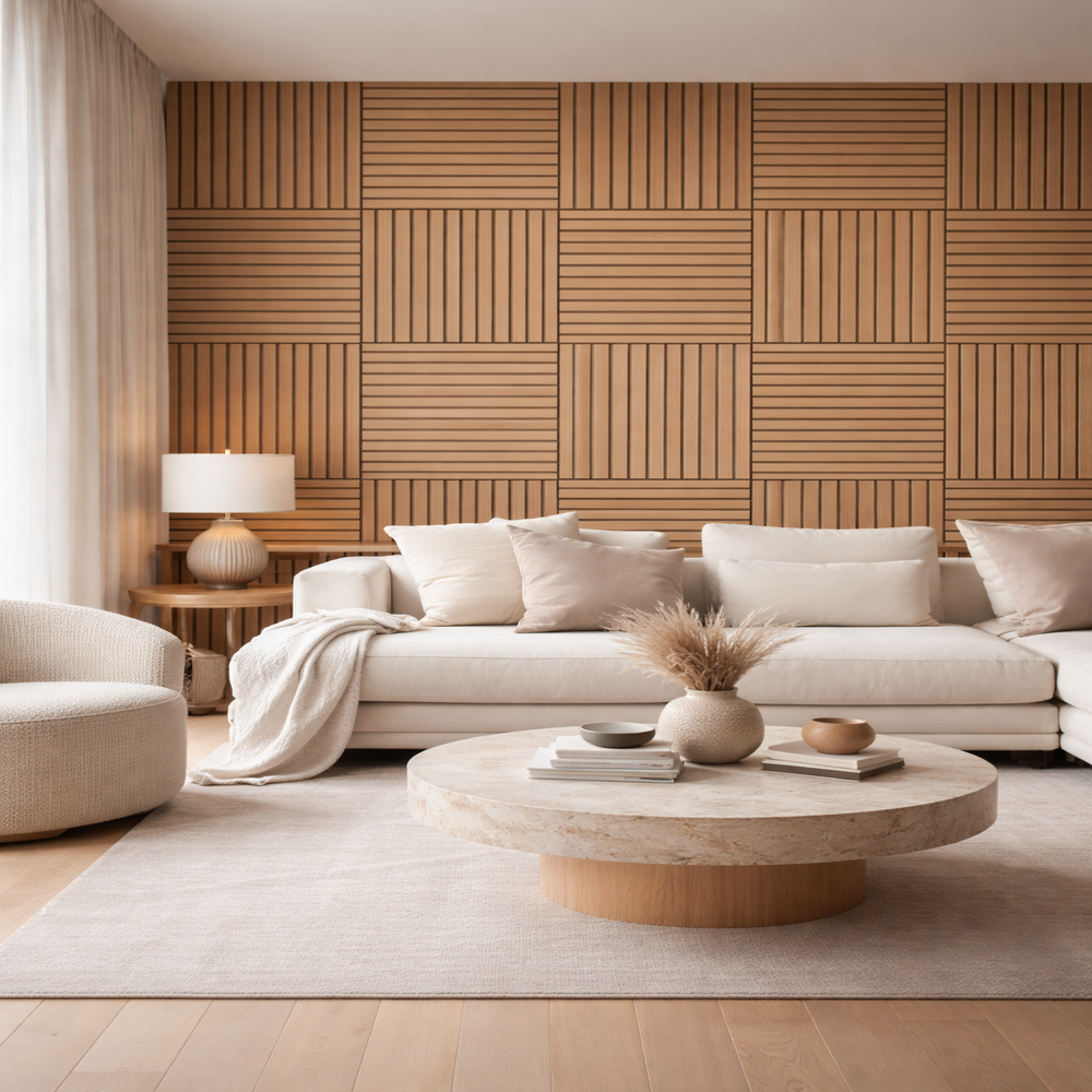 Pannello decorativo a listelli in legno doghe MDF e feltro PET Set 12 pz 60x60 Rivestimento murale fonoassorbente Rovere