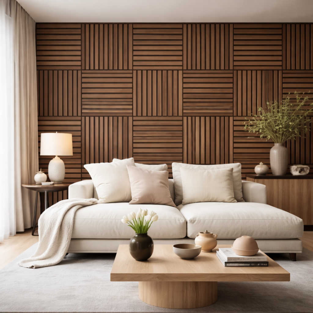 Pannello decorativo a listelli in legno doghe MDF e feltro PET Set 12 pz 60x60 Rivestimento murale fonoassorbente Noce chiaro