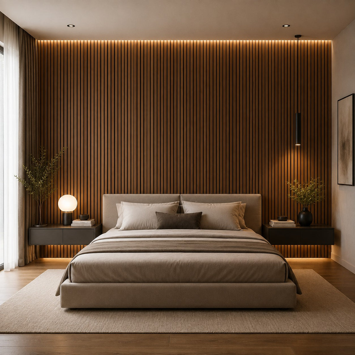 Pannello decorativo acustico fonoassorbente murale in HDF a doghe in legno Set 4 pz 120x60 Noce