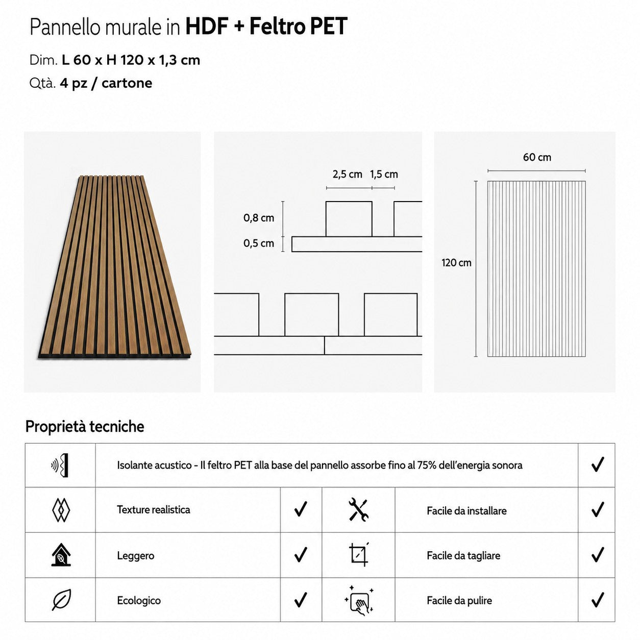 Pannello decorativo acustico fonoassorbente murale in HDF a doghe in legno Set 4 pz 120x60 Noce