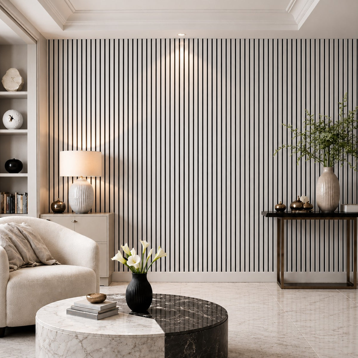 Pannello decorativo acustico fonoassorbente murale in HDF a doghe in legno Set 4 pz 120x60 Bianco