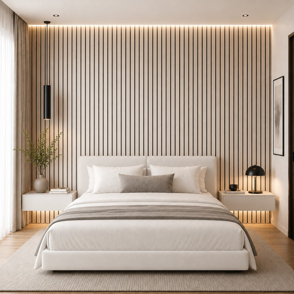 Pannello decorativo acustico fonoassorbente murale in HDF a doghe in legno Set 4 pz 120x60 Bianco