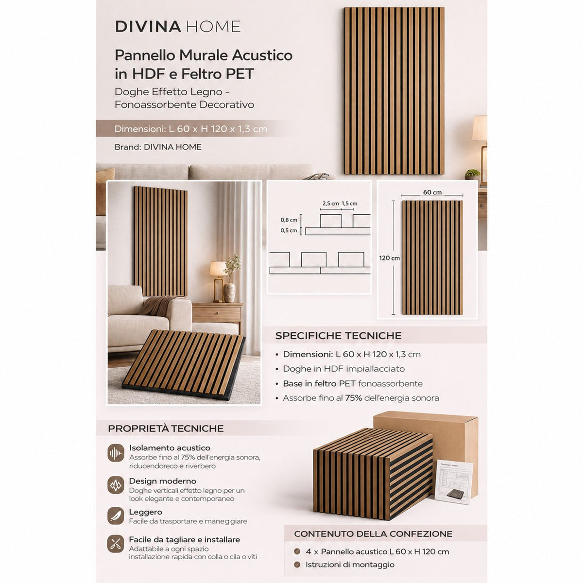 Pannello decorativo acustico fonoassorbente murale in HDF a doghe in legno Set 4 pz 120x60 Bianco