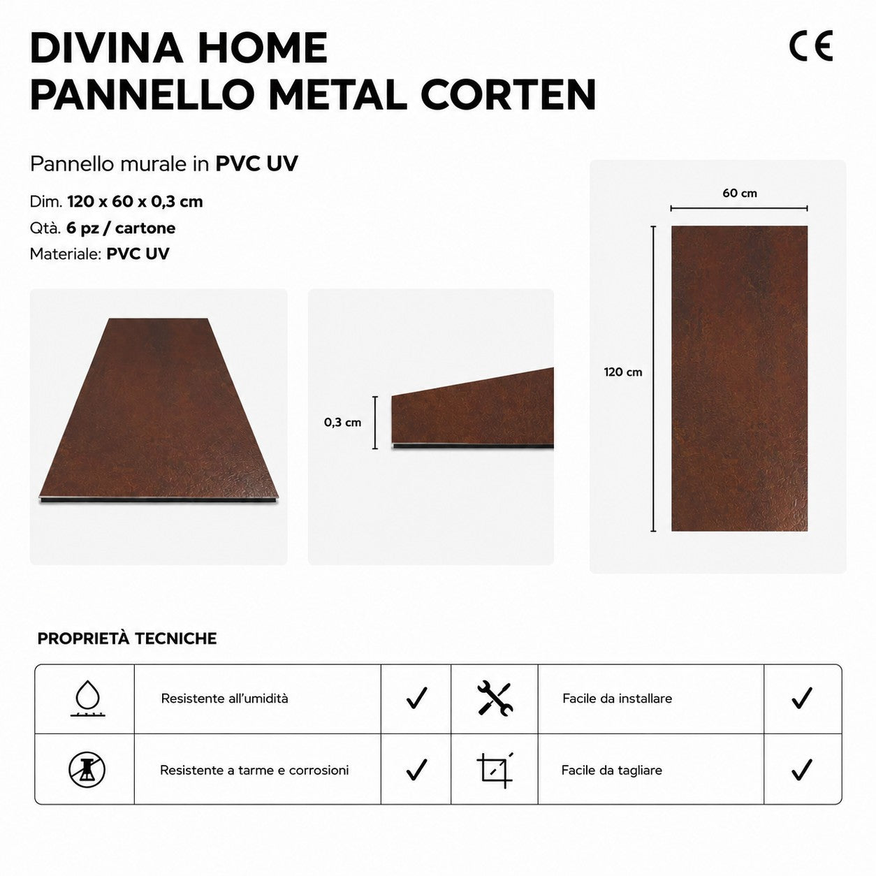 Pannello decorativo effetto metallo Ruggine Corten set 6 pz 120x60 in PVC UV Ultra Slim