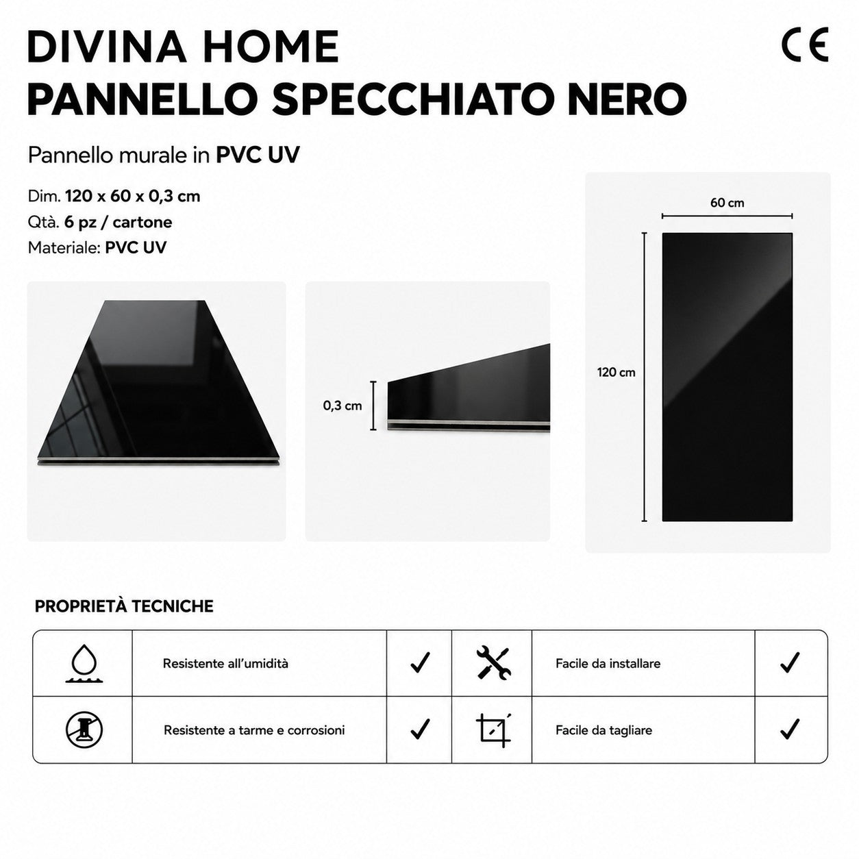 Pannello decorativo effetto specchio specchiato Nero fume' Set 6 pz 120x60 in PVC UV Ultra Slim