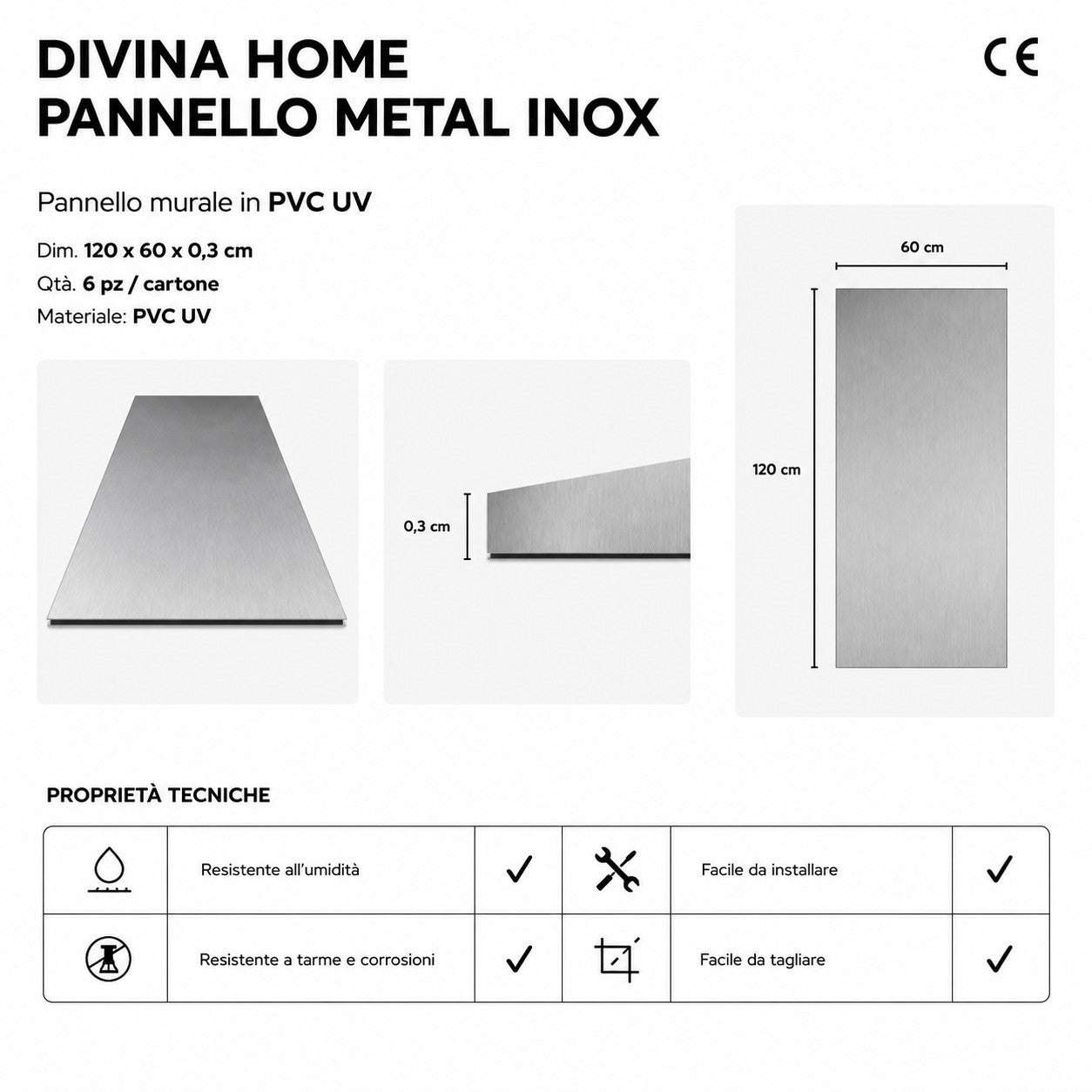 Pannello decorativo effetto metallo Acciaio Inox Set 6 pz 120x60 in PVC UV Ultra Slim