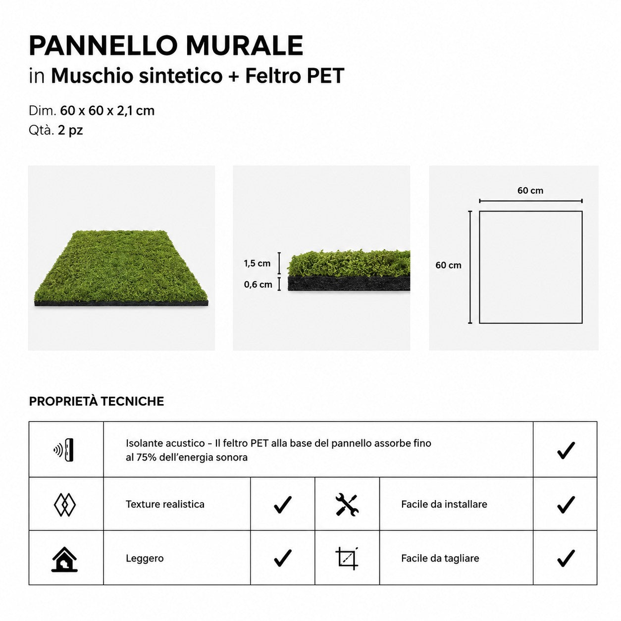 Pannello decorativo fonoassorbente acustico Set 2 pz 60x60 cm effetto muschio sintetico erba artificiale