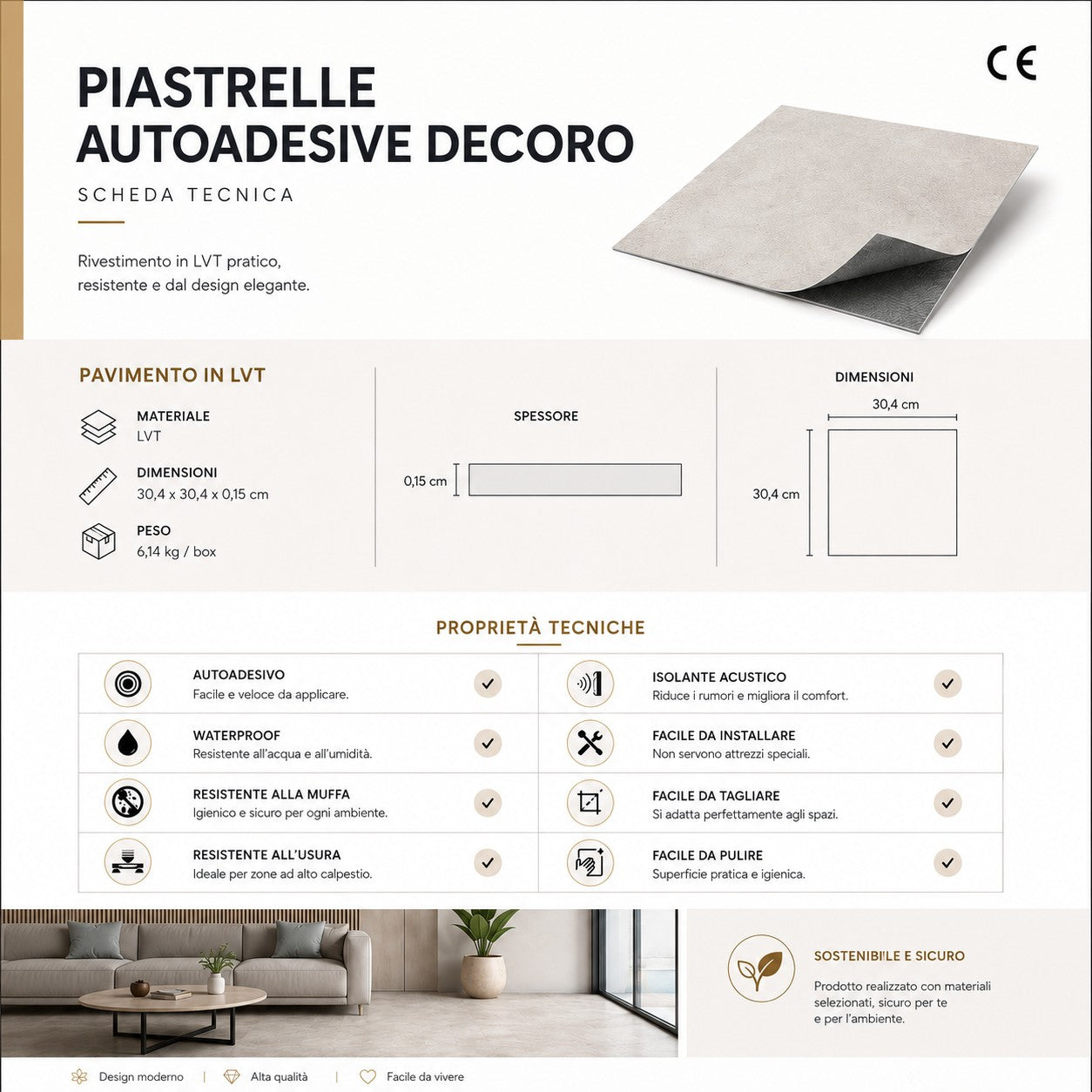 Piastrelle in LTV PVC autoadesive da pavimento parete Set 22 pz 2 mt2 30x30 effetto Marmo Grigio