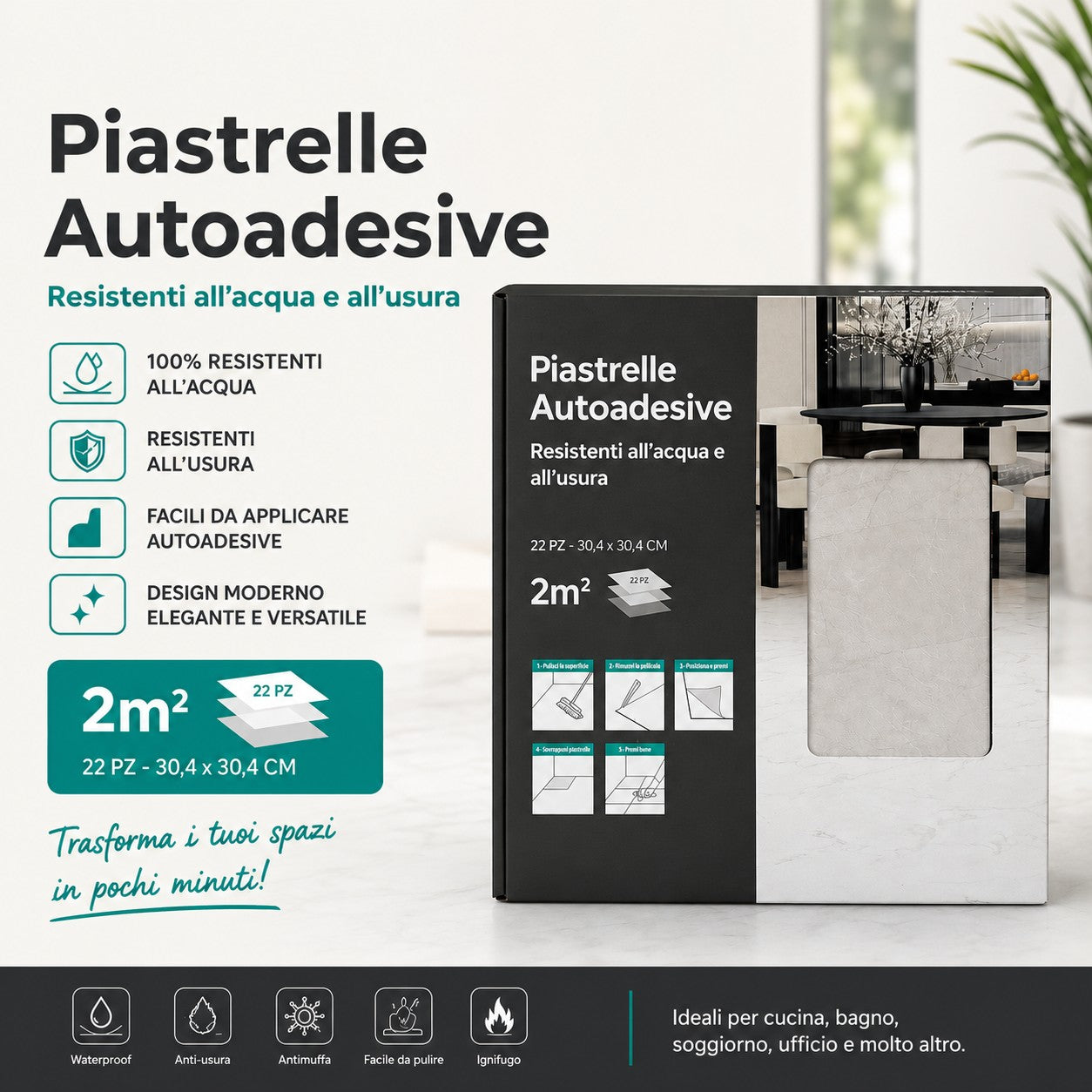 Piastrelle in LTV PVC autoadesive da pavimento parete Set 22 pz 2 mt2 30x30 effetto Marmo Beige
