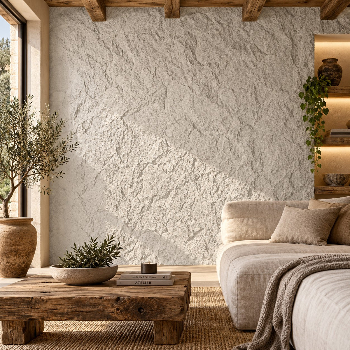 Pannello decorativo effetto roccia pietra 3D set 10 pz 7,2 mt2 rivestimento murale in PU 120 x 60 x 1,6 Bianco Leccese