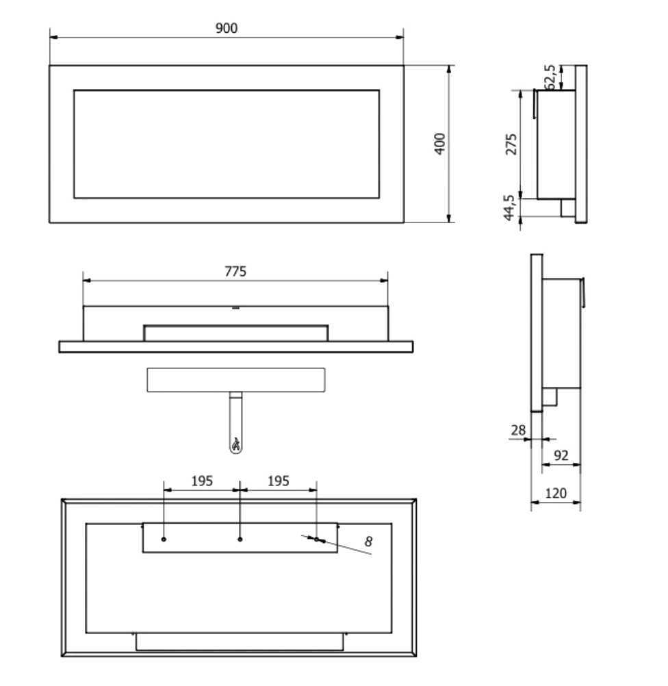 BIOCAMINO DA PARETE/INCASSO LUCCA NERO L 90 x P 12 x H 40