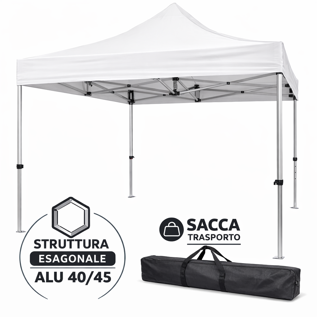 GAZEBO RICHIUDIBILE 3X3 BIANCO ALLUMINIO 1680D RIVESTITO PVC MARKET-PRO