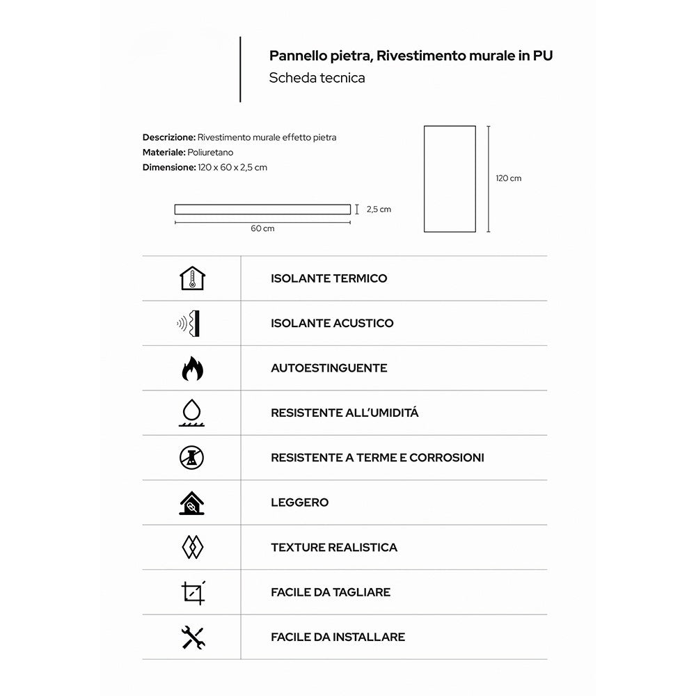Pannello decorativo effetto pietra 3D set 12 pz 8,6 mt2 rivestimento murale in PU 120 x 60 x 2,5 Ossidana