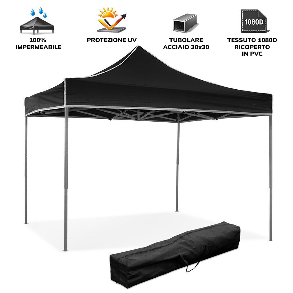 GAZEBO RICHIUDIBILE 3X3 NERO ACCIAIO 1080D RIVESTITO PVC MARKET
