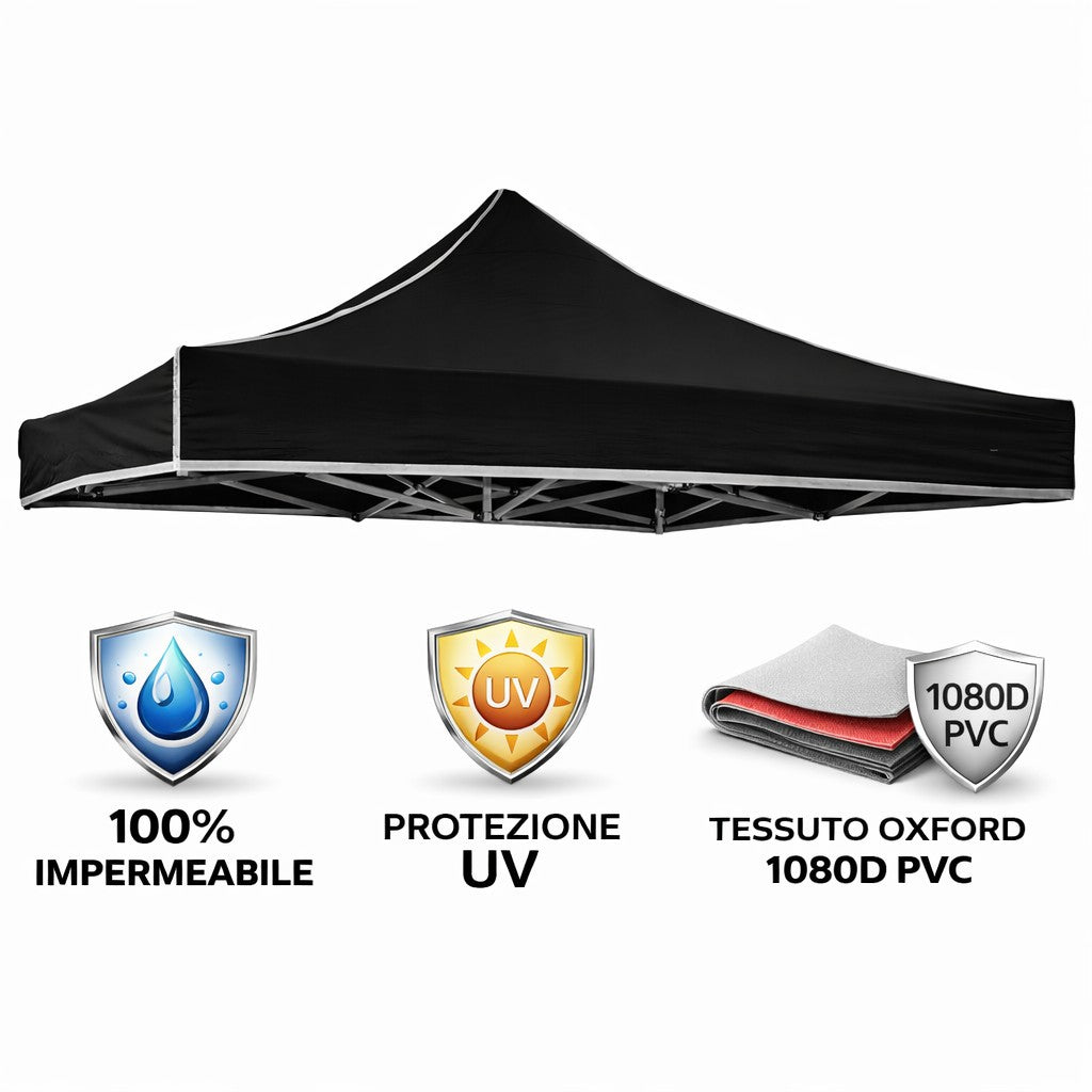 GAZEBO RICHIUDIBILE 3X3 NERO ACCIAIO 1080D RIVESTITO PVC MARKET